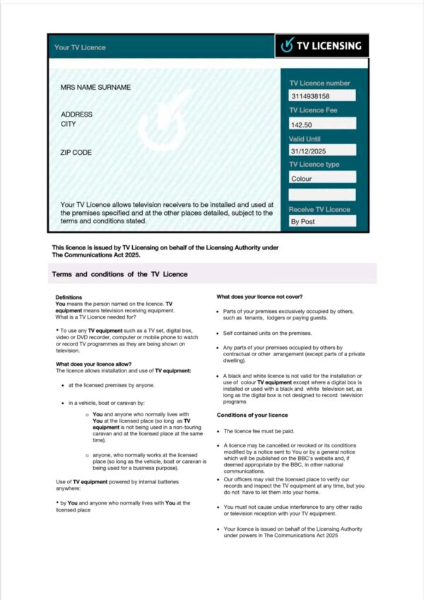 UK TV Licence A4 utility template – download and edit easily
