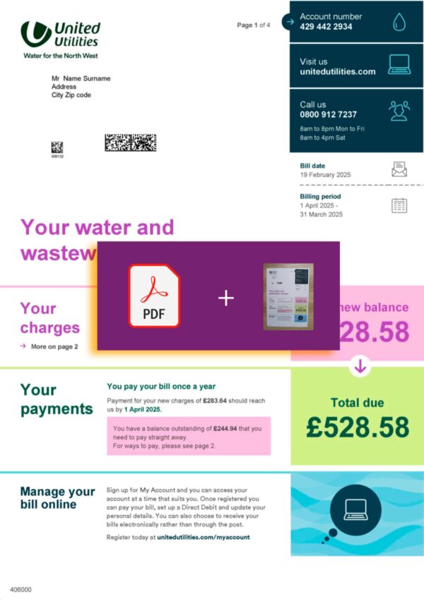 Downloadable water bill from United Utilities, UK – banner included