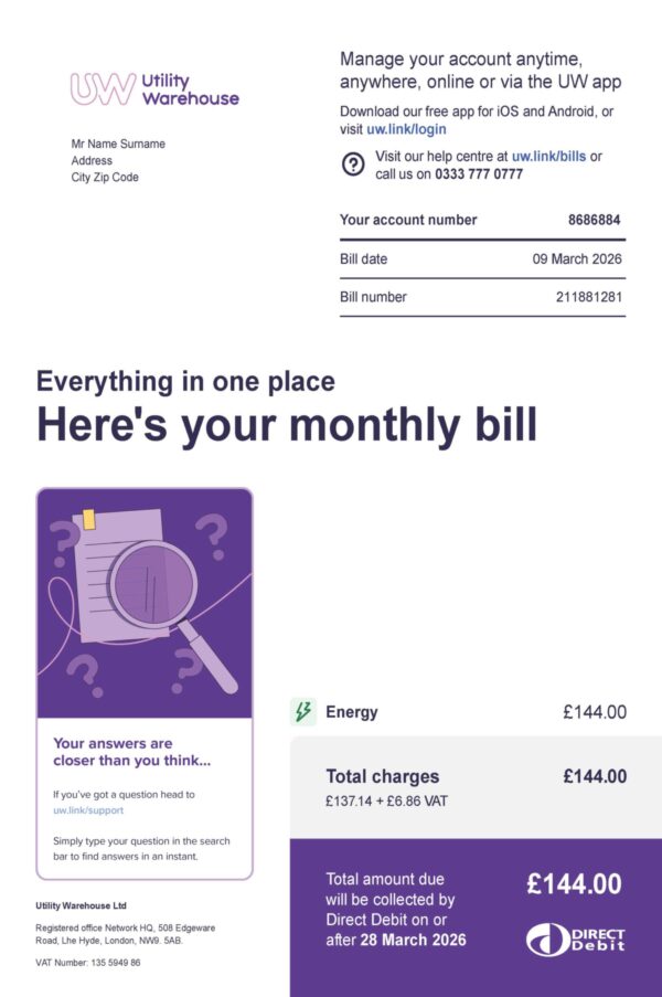 Editable phone bill template – UK Utility Warehouse sample in PDF