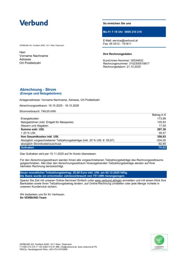 Verbund AG energy statement from Austria – modifiable PDF template