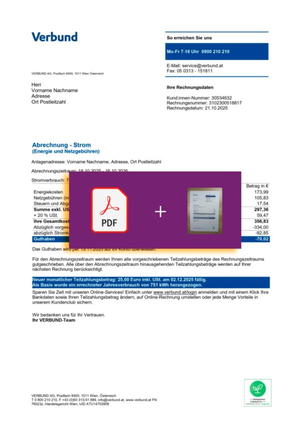 Visual example of printed Verbund AG utility bill in Austria