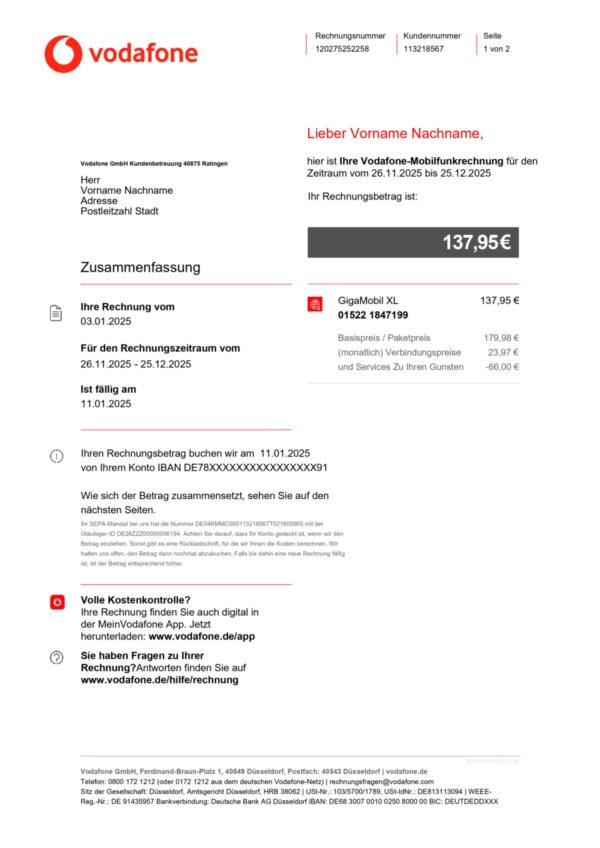 Editable phone bill template – Germany Vodafone sample in PDF