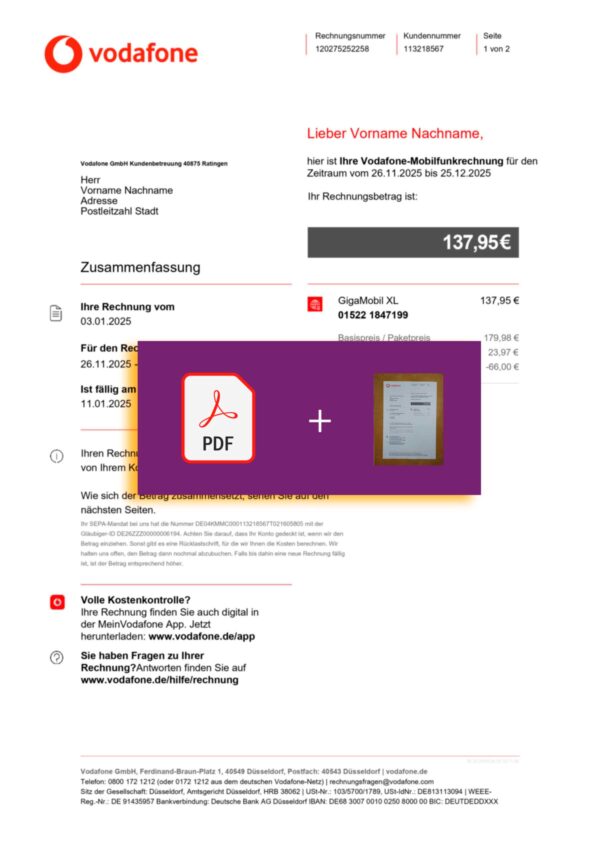 Germany Vodafone bill template – includes authenticity banner