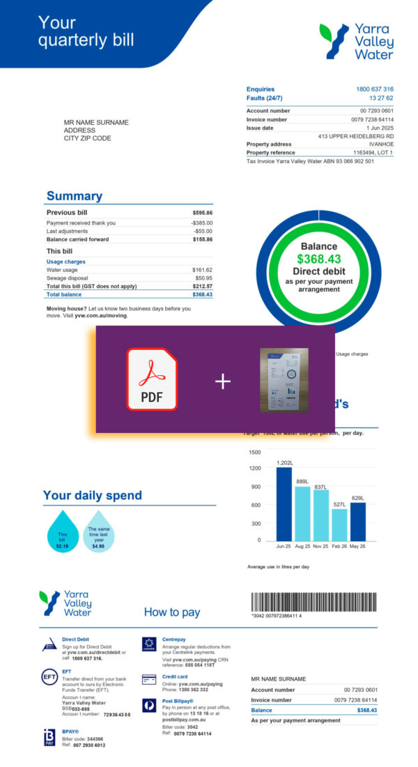 Downloadable water bill from Yarra Valley, Australia