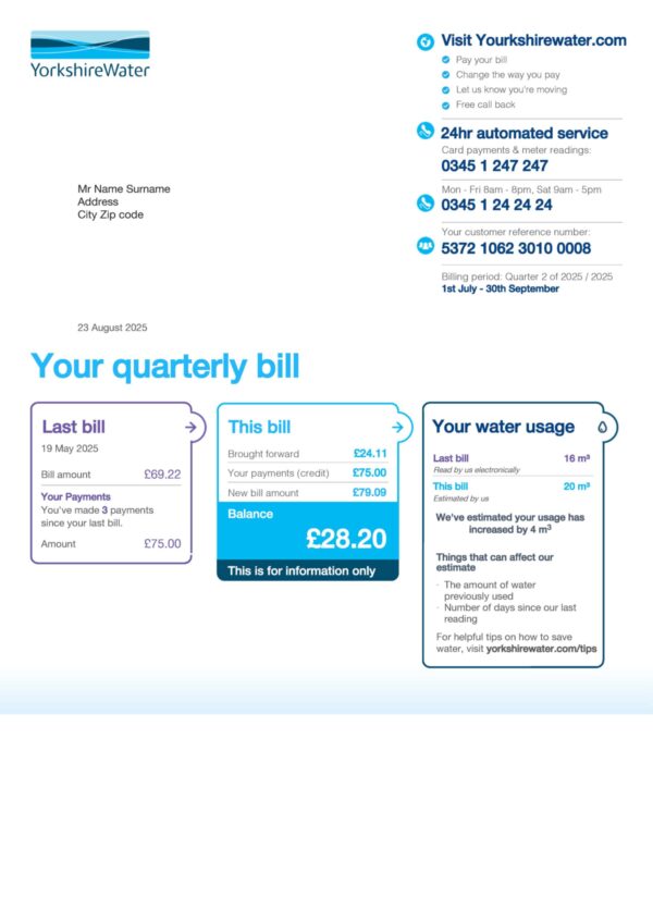 Yorkshire Water statement from UK – modifiable PDF template