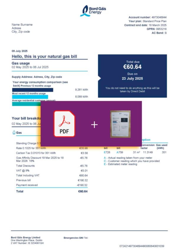 Verified UK Bord Gáis statement – PDF with visual watermark