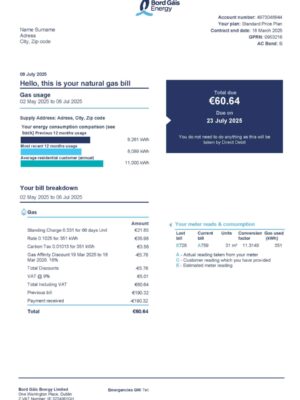 Bord Gáis gas statement from UK – modifiable PDF template