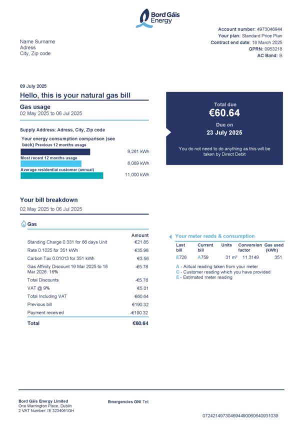 Bord Gáis gas statement from UK – modifiable PDF template