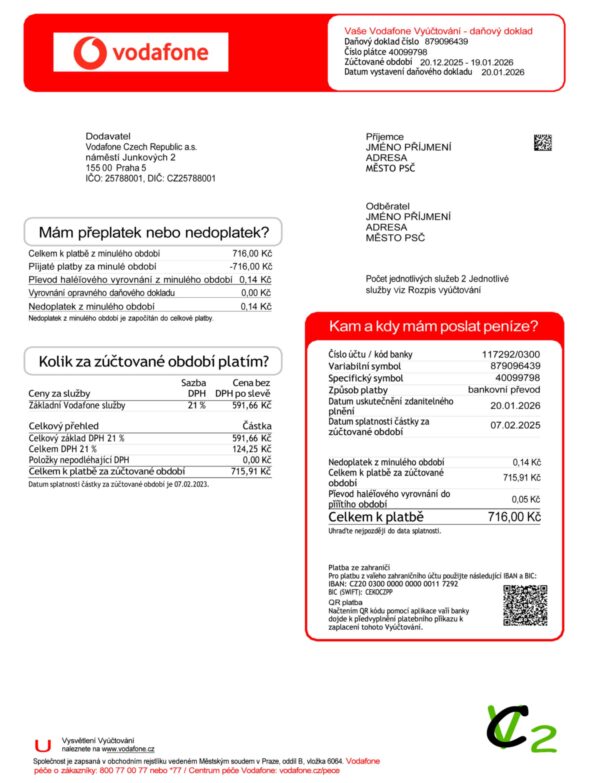 Editable phone bill template – Czech Republic Vodafone sample in PDF