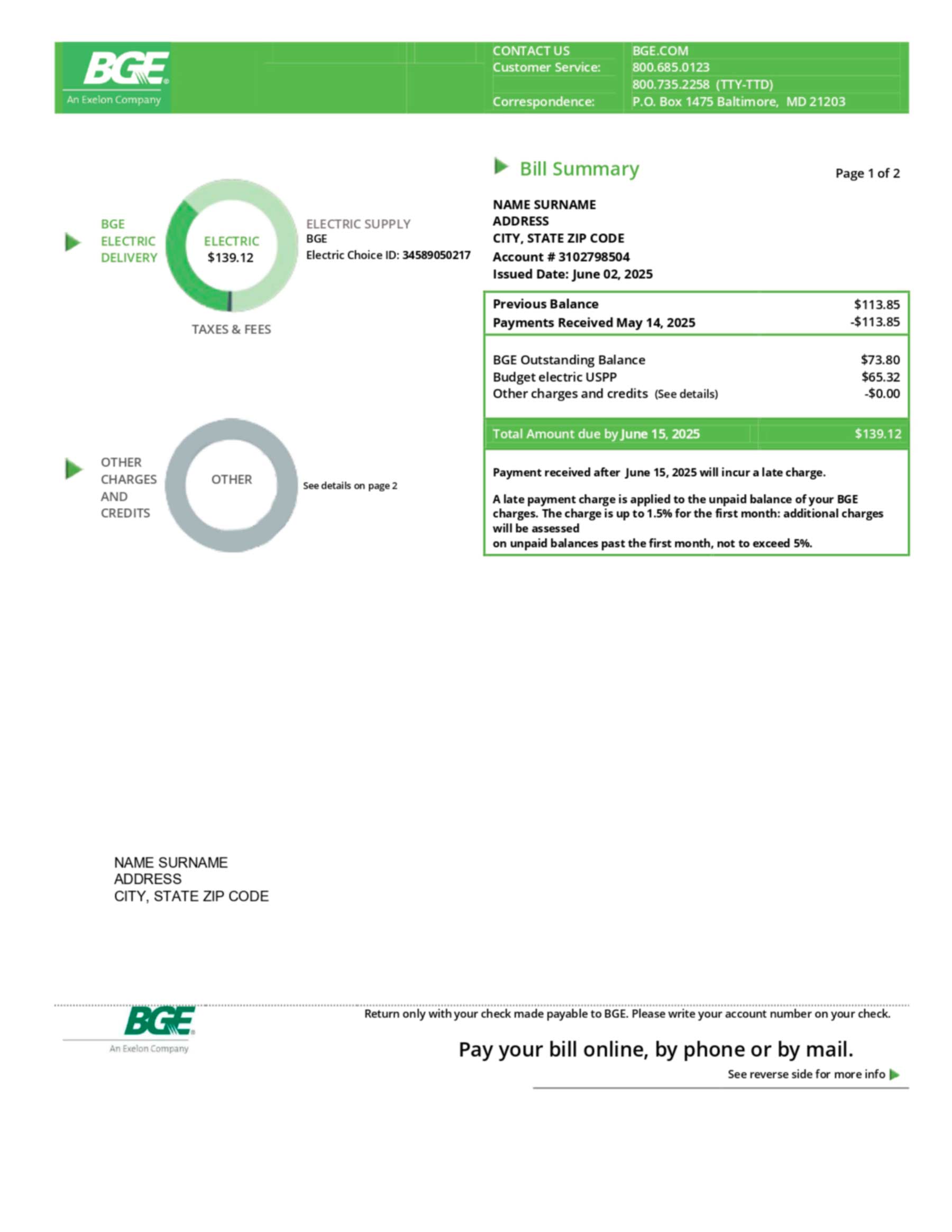 BGE utility bill in PDF with realistic account layout, service address, and energy usage summary for demonstration purposes.