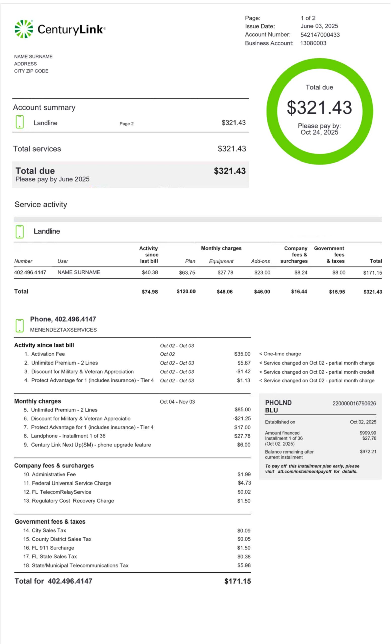 CenturyLink Lumen internet bill in PDF format with realistic account details, service address, and usage summary for demonstration purposes.