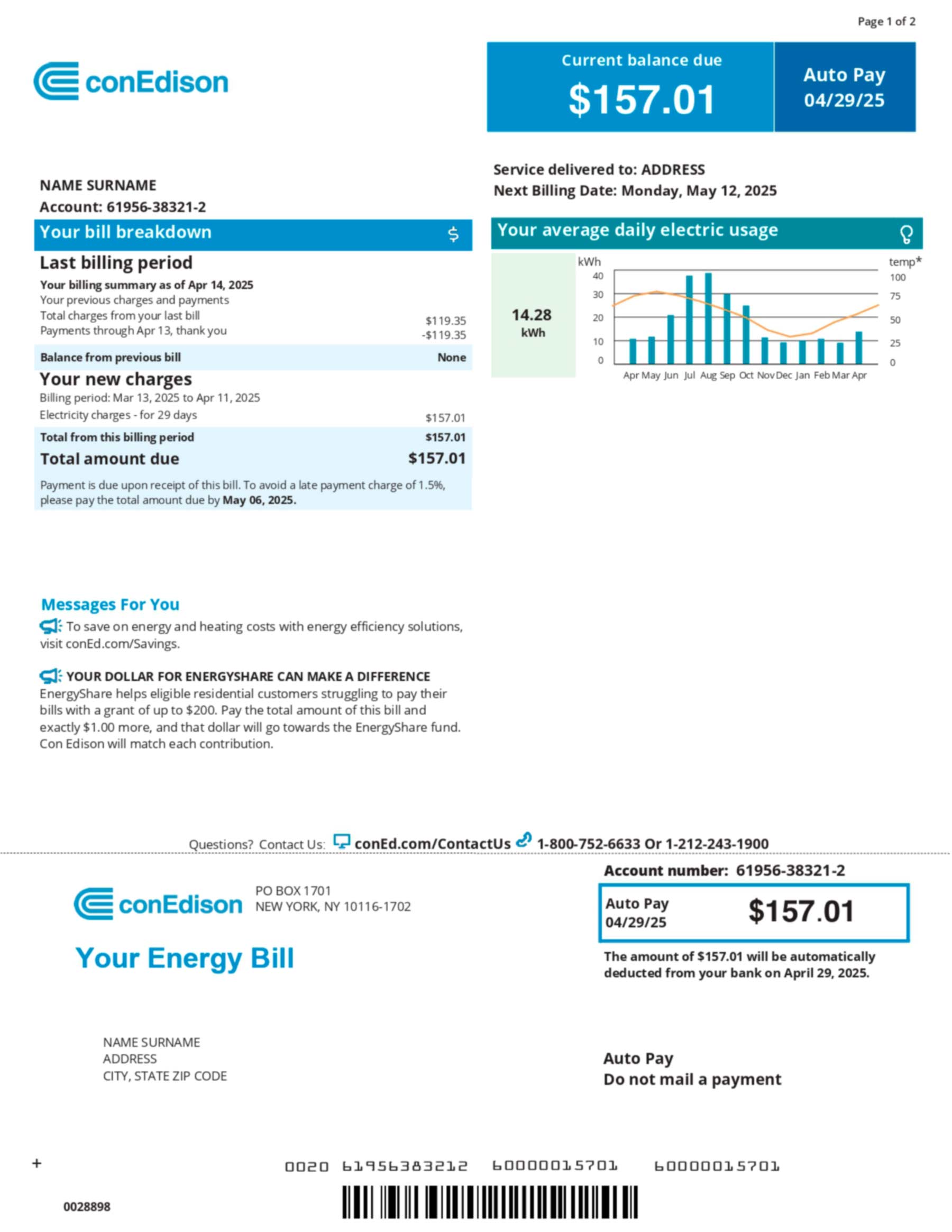 Con Edison utility bill in PDF format with realistic account details, service address, and energy usage summary for demonstration purposes.