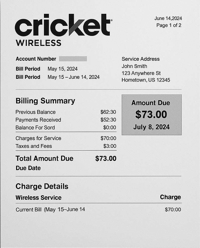 Cricket Wireless mobile bill in PDF format with realistic account details, service address, and usage summary for demonstration purposes.