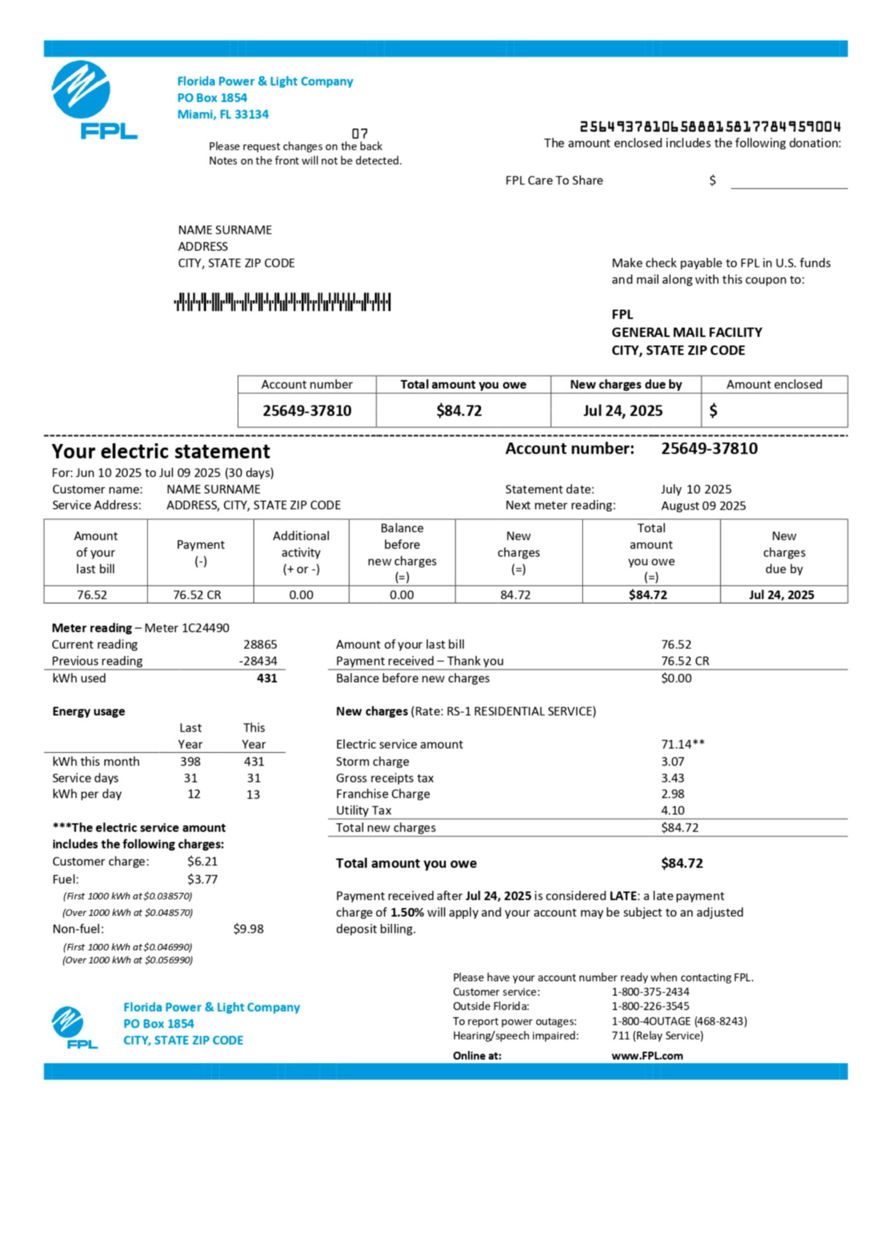 Editable Florida Power & Light utility statement in PDF format, showing realistic account details for address verification or training use.