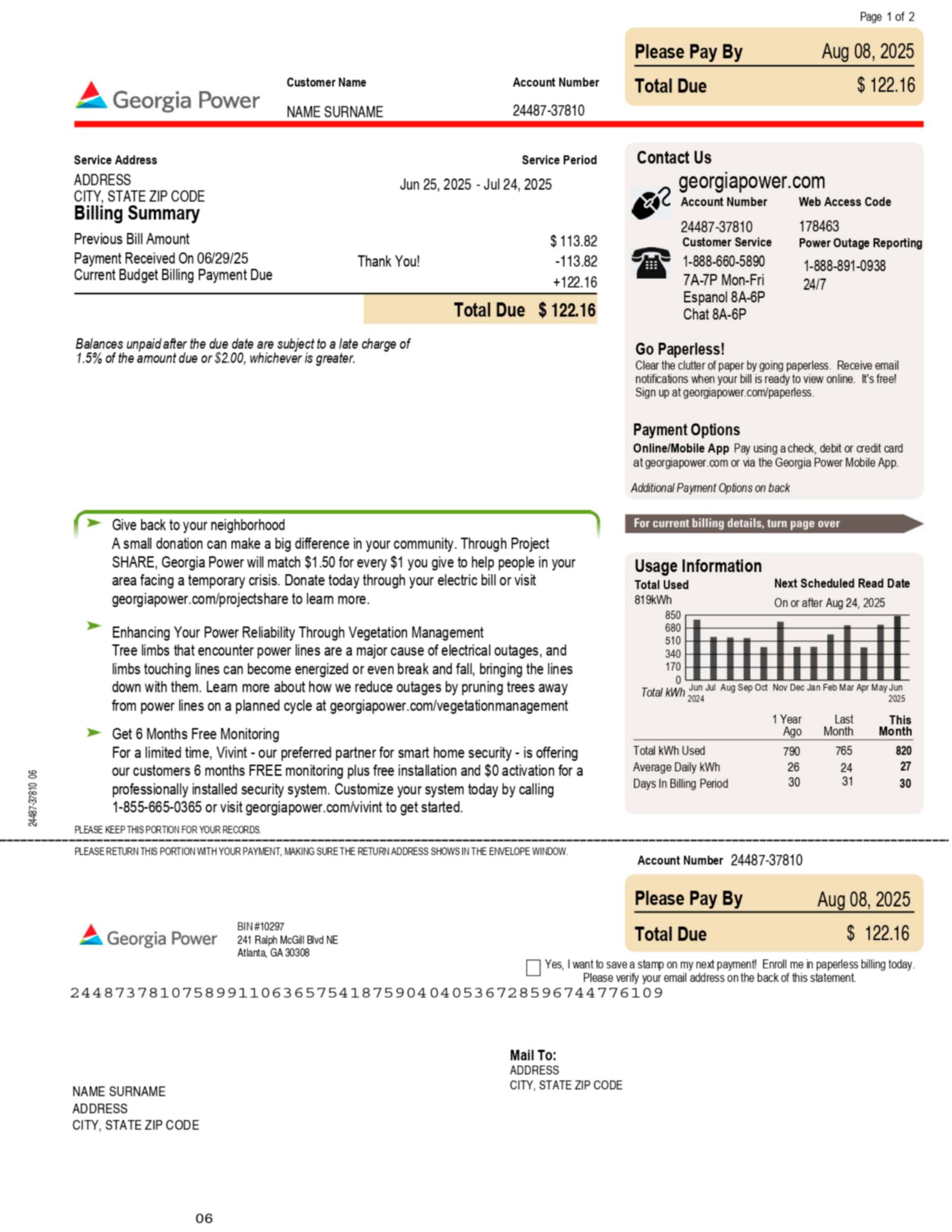 Georgia Power electricity bill in PDF showing realistic account details, usage breakdown, and service address for demonstration use.