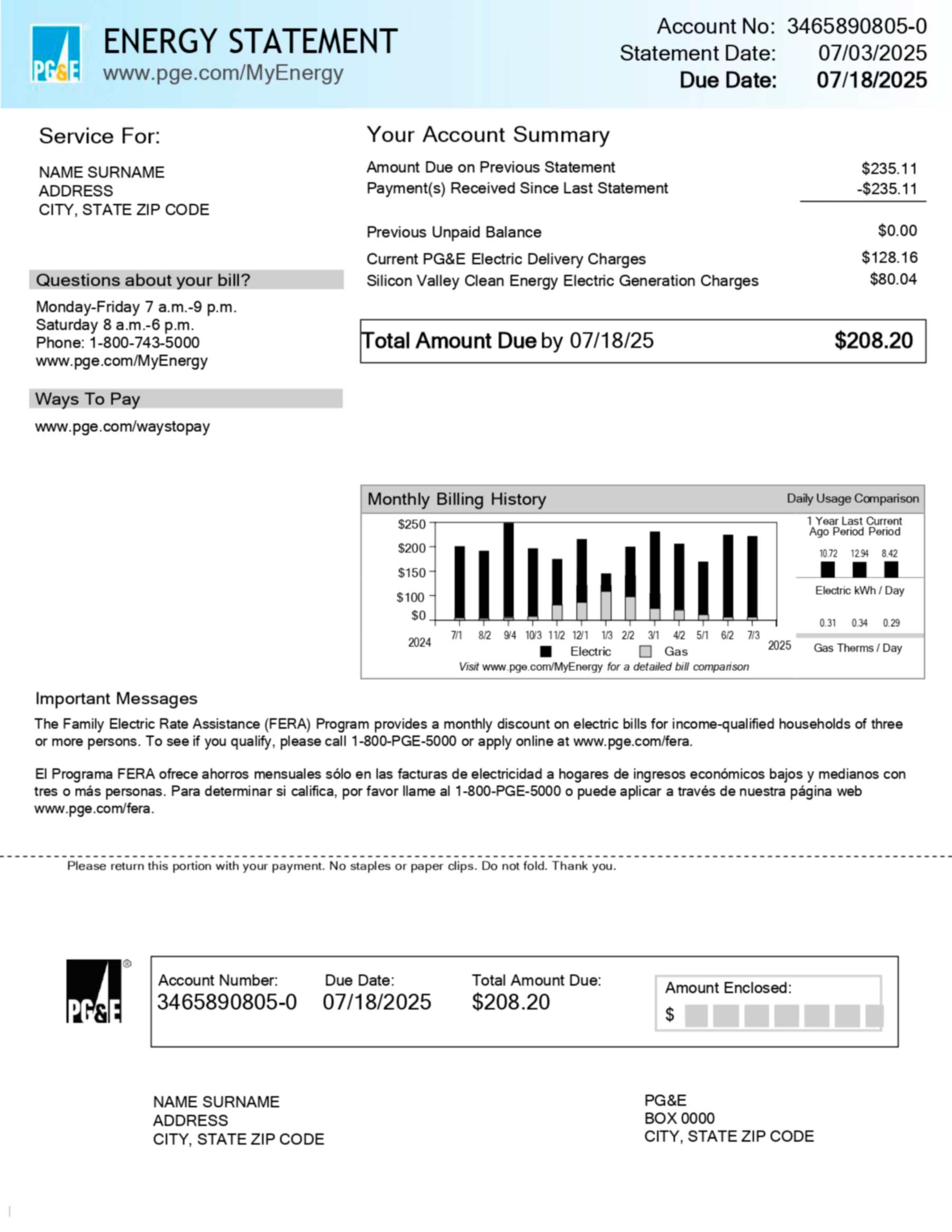 PG&E Pacific Gas and Electric bill in PDF with realistic account details, service address, and energy usage breakdown for demonstration purposes.
