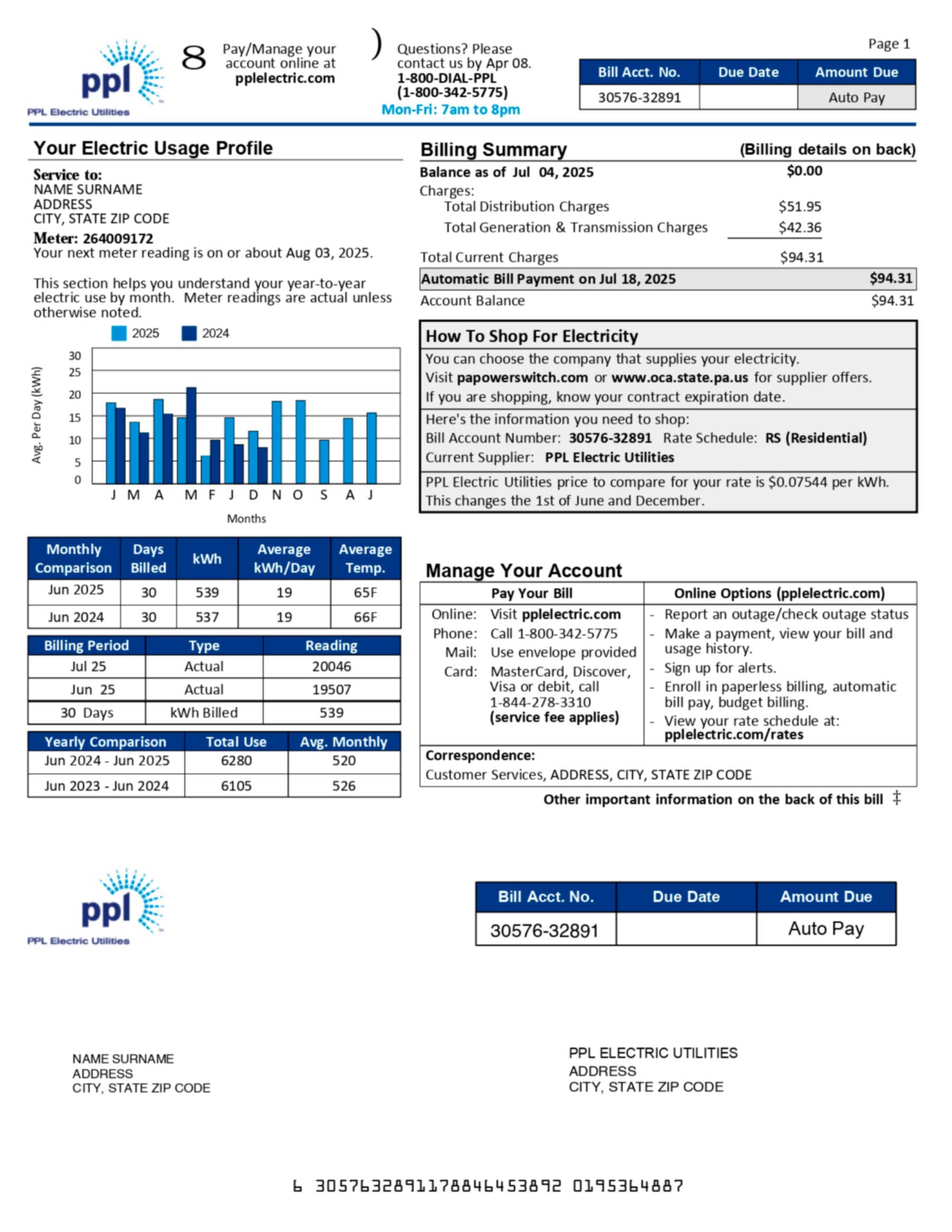 PPL Electric utility statement in PDF format with realistic billing layout and service details for demonstration or training.