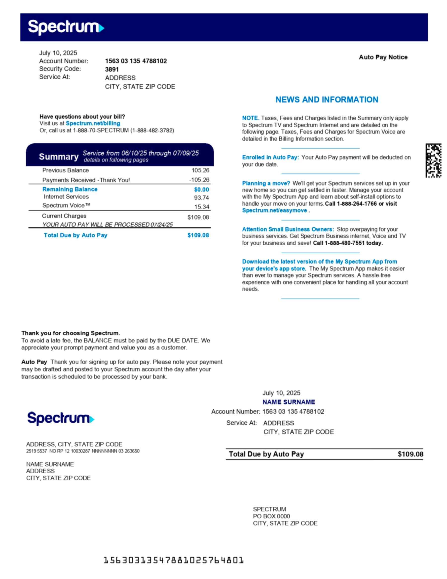 Spectrum internet and cable bill in PDF showing realistic account layout, service address, and usage details for demonstration purposes.