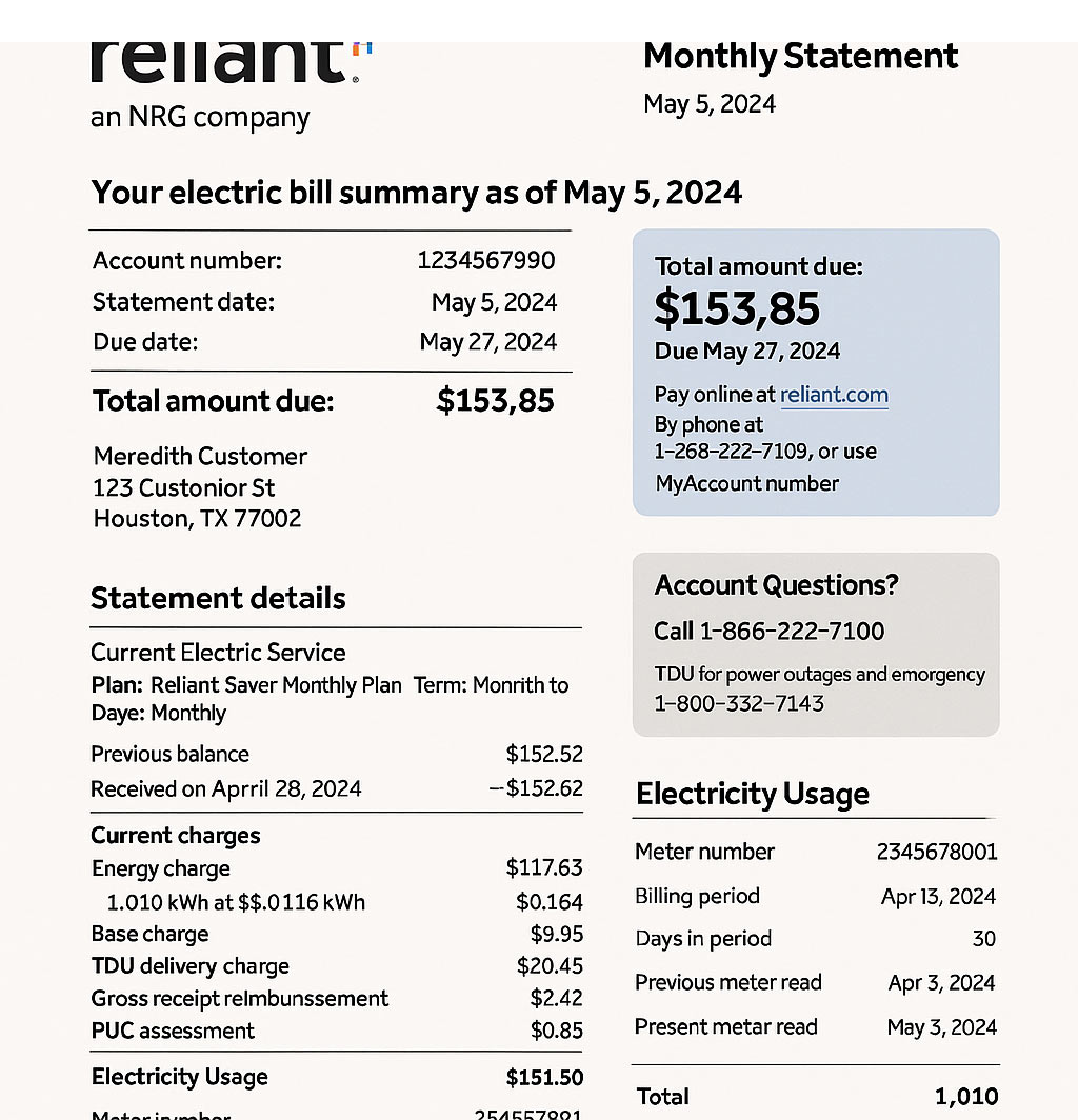 Reliant Energy electricity bill in PDF with realistic account details, service address, and energy usage summary for demonstration purposes.
