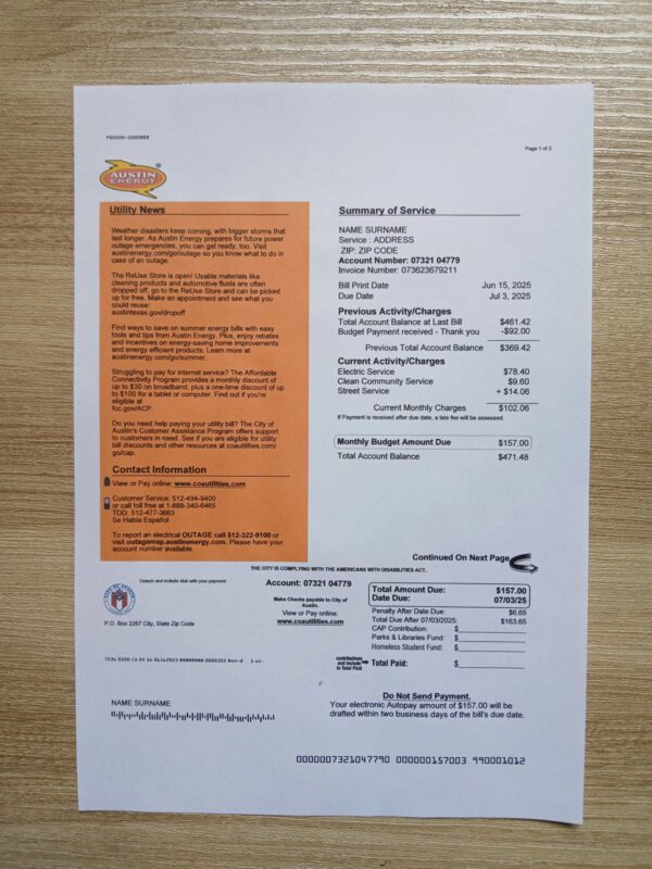 Austin Energy bill printed and photographed – address proof from Texas