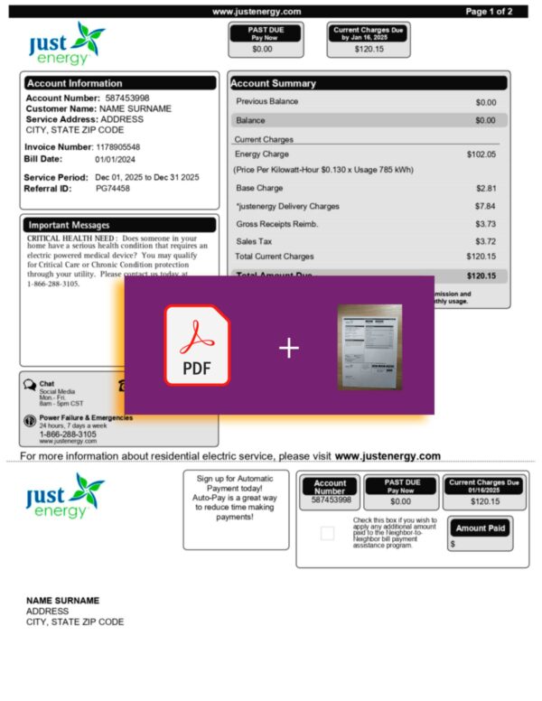 Downloadable bill from Just Energy, USA – banner included