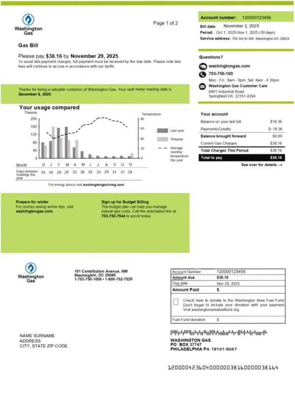 USA Washington Gas A4 utility template – download and edit easily