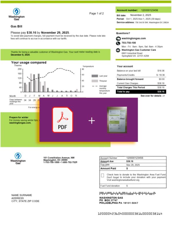 Verified USA Washington Gas statement – PDF with visual watermark